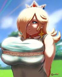 1girls 2021 alternate_breast_size arms_behind_back aroused artist_name awesomeerix blonde_hair blue_clothing blue_eyes breasts bursting_breasts bust_measuring clothed clothing cloud crown earrings female female_only grass hair_over_one_eye half-closed_eyes highres huge_breasts jewelry mario_(series) mario_golf measuring nintendo open_mouth outdoors princess_rosalina signature sky sleeveless sleeveless_shirt solo standing tank_top tape_measure tree watermark