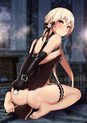 absurdres armbinder ass backless_dress backless_outfit bangs barefoot black_dress blonde_hair blush bondage bound dress eyebrows eyebrows_visible_through_hair female frown full_body garter_belt garter_straps girls'_frontline hair_ribbon highres kneeling long_hair looking_at_viewer looking_back monoglove murabito_c no_panties orange_eyes ots-14_(girls'_frontline) ribbon solo thighs torn_clothes torn_dress