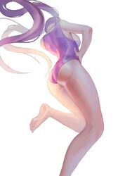 absurdres ass ass_focus barefoot big_ass bubble_butt female hand_on_hip highres long_hair one-piece_swimsuit original purple_hair simple_background solo swimsuit tokkihouse twintails white_background