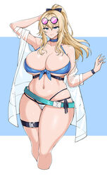 1girls big_breasts bikini blonde_hair blue_eyes curvy drogod_(artist) female female_only genshin_impact glasses glasses_on_head hella_p jean_gunnhildr large_breasts long_hair midriff solo solo_female swimsuit thick thick_thighs voluptuous wide_hips