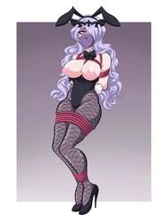 1girls alternate_costume arms_behind_back bearbuckscoffee bondage bound breasts breasts_out bunny_ears bunny_girl bunnysuit camilla_(fire_emblem) cloth_gag fire_emblem fire_emblem_fates fishnet_legwear fishnets gag high_heels large_breasts long_hair looking_at_viewer makeup nintendo nipples purple_eyes purple_hair rope rope_between_breasts rope_bondage solo solo_female wavy_hair