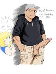 black_jacket blonde_hair blush charlie_guzman dashie_(dashiegames) dashiegames dashiexp dominican erection fat_cock fat_man female hat horny long_penis looking_at_another male plain_background pockets pussy shocked shorts straight surprised_expression surprised_face surprised_look