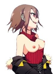 1girls 2d breasts brown_hair chara female female_only human human_female human_only looking_away medium_breasts nipples no_bra red_eyes simple_background solo storyfell storyfell_chara tits underfell undertale undertale_(series) white_background