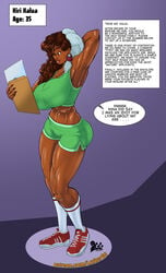 1girls 2019 ass big_ass breasts brown_hair dark-skinned_female dark_skin earrings female female_only huge_breasts kiri_kalua lurkergg milf-shake muscular muscular_female shorts solo speech_bubble sportswear text thick_thighs towel voluptuous wide_hips