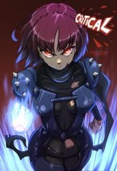 2022 angry atlus blood blood_on_face blue_fire bodysuit clothing cropped_legs female fire flaming_hand gloves glowing glowing_eyes haysey_draws highres human looking_at_viewer makoto_niijima multicolored_clothes pale_skin persona persona_5 phantom_thief_suit red_background serious shin_megami_tensei shoulder_spikes spikes torn_clothes white_gloves