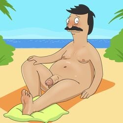 1boy 1male barefoot beach beach_towel blush bob's_burgers bob_belcher circumcised dilf funkiebara gay male male_only nude penis pillow pinup precum precum_bubble slightly_chubby veiny_penis yaoi