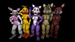 5girls breast_hold breasts breasts_out buillk8 cindy_(fnac) fazbear_fanverse five_nights_at_candy's five_nights_at_freddy's five_nights_at_freddy's_2 hand_on_hip hip_focus hips mangle_(fnaf) multiple_girls poor_quality popgoes saffron_(popgoes) sara_(popgoes) shoulder_grab toy_chica_(fnaf) vagina vulva wave