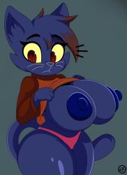 anthro areola bangs big_breasts blue_areola blue_nipples breasts clothed clothing clothing_lift dark_blue_fur domestic_cat ear_tuft exposed_breasts felid feline felis female fingers hair hi_res huge_breasts inner_ear_fluff mae_borowski mammal multicolored_hair night_in_the_woods nipples nr_ac panties red_eyes shirt shirt_lift simple_background solo surprise thick_thighs tight_underwear topwear tuft two_tone_hair underwear video_games whiskers wide_hips yellow_sclera