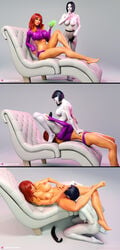 2girls 3d alien alien_girl busty comic cunnilingus dc dc_comics dildo facesitting female female_only freyr hourglass_figure koriand'r multiple_girls orange_skin pale-skinned_female pale_skin rachel_roth raven_(dc) starfire teen_titans white_skin wide_hips yuri