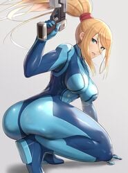 1girls abs ass big_breasts blonde_hair blue_eyes bodysuit breasts firearm gonzarez gun handgun human metroid nintendo pale_skin samus_aran solo solo_female thick_ass thick_thighs weapon zero_suit zero_suit_samus