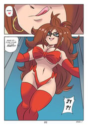 1boy 2girls android_18 android_21 android_21_(human) ass blue_eyes breasts brown_hair comic dialogue dragon_ball dragon_ball_fighterz dragon_ball_super dragon_ball_z english_text female_focus funsexydragonball huge_breasts interspecies long_brown_hair long_hair page_22 sex shounen_jump text vegeta