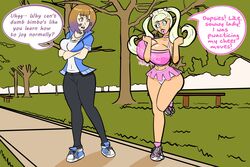 2girls bimbo bimbofication blonde_hair brown_hair cheerleader jogging large_breasts leggings lewdjacket original_character pre-transformation purple_hair sneakers sportswear twintails