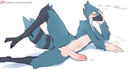 anthro avian balls bird blue_fur blue_jay cartoon_network cuddling duplicate erection foreskin furry glans male male_only mordecai mordecai_(regular_show) partially_retracted_foreskin penis precum presenting regular_show semi-erect uncut zackary911