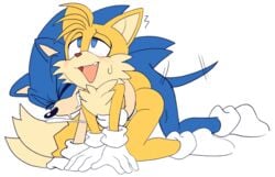 anal anthro anthro_on_anthro blue_body blue_eyes blush closed_eyes clothing cum cumshot doggy_style exposed_torso footwear fox gay gloves handwear hedgehog miles_prower mostly_nude open_mouth senshion sex small_tail socks sonic_(series) sonic_the_hedgehog sonic_the_hedgehog_(series) tails tails_the_fox tan_body tongue_out tuft white_body yaoi yellow_body