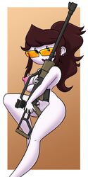 breasts brown_hair glasses jaiden jaiden_animations jaidenanimations nude ponytail sniper_rifle surprised surprised_expression syscod weapon youtube youtuber