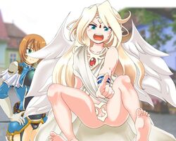 2girls angel angel_wings armor armored_dress bad_id bad_pixiv_id bare_legs barefoot blonde_hair blue_eyes blush bottomless bracelet breasts brown_hair censored chihashi_keishuu circlet cleavage dress epaulettes fantasy feathered_wings feet game_cg gloves goddess green_eyes hand_on_hip ilias impossible_clothes jewelry large_breasts long_hair mon-musu_quest! mon-musu_quest:_paradox monster_girl monster_girl_quest mosaic_censoring multiple_girls no_panties official_art open_mouth outdoors pointing pointing_at_viewer pointy_ears pussy pussy_peek sash short_hair slit_pupils smile solo_focus sonya_(mon-musu_quest!) tiara torotoro_resistance very_long_hair white_wings wings