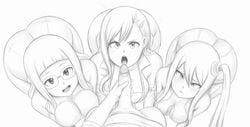 1boy 3girls abyssdagon ass clarisse_layer edens_zero fellatio glasses labilia_christy looking_at_viewer monochrome open_mouth penis pov rebecca_bluegarden sketch uncensored