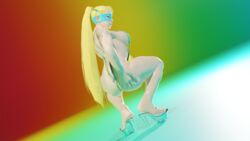 blonde_hair blue_eyes high_heels multicolored_background nilbog3d rainbow_mika sling_bikini squatting street_fighter