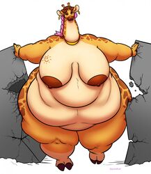 1girls anthro bartok_the_magnificent belly belly_rolls big_belly big_breasts breasts digital_media_(artwork) don_bluth earrings fat fat_female fat_rolls fat_woman giantess giraffe giraffid greedlust hi_res huge_breasts ludmilla_(bartok) macro mammal obese obese_female overweight overweight_female simple_background solo thatbritishdeer thick_thighs transformation white_background