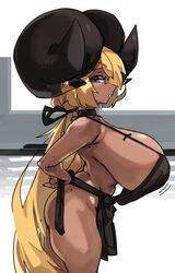 1girls apron apron_only big_breasts big_horns blonde_hair caoimhe_(zanamaoria) curved_horns dark-skinned_female dark_skin demon_horns female female_only glasses hair_on_horn horns long_hair lordosis milf mole original pink_eyes side_view sideboob solo solo_female succubus tied_hair very_high_resolution zanamaoria