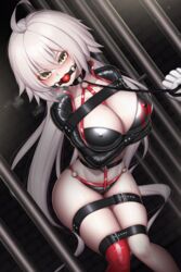 1girls angry ball_gag bars belt blush bondage collar drool dungeon erect_nipples fate/grand_order fate_(series) female female_focus female_only gag gagged helpless highres jeanne_alter jeanne_d'arc_(fate) jeanne_d'arc_(fate)_(all) latex leash leash_pull long_hair looking_at_viewer navel panties plusout pokies solo solo_female solo_focus sweat sweating swimsuit swimwear thighhighs white_glove white_hair yellow_eyes