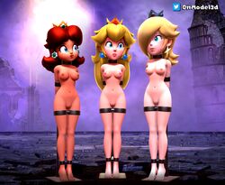 3d 3girls accurate_art_style arms_behind_back barefoot blonde_hair blue_eyes bondage breasts brown_hair collar cuffs female femsub freckles mario_(series) multiple_girls multiple_subs nintendo nude onmodel3d pole princess_daisy princess_peach princess_rosalina red_hair self_upload super_mario_bros. super_mario_odyssey tan_skin