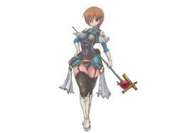 blush brown_hair female green_eyes looking_at_viewer mon-musu_quest! mon-musu_quest:_paradox monster_girl_quest official_art short_hair smooth_skin sonya_(mon-musu_quest!) staff thick_thighs thighs wide_hips xelvy