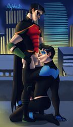 2boys abs anal_object_insertion artist_signature balls bara batcest batman_(series) black_hair blowjob blowjob_face cape city_background clothed_sex cock_gobble cock_hungry cum_hungry cum_in_mouth dc dc_comics dick_grayson dicktim dildo dildo_in_ass domino_mask erect_while_sucking erection facefuck fellatio gay giving_head gloves going_down_on holding_wrist kneeling/standing kneeling_oral_position knob_polishing looking_at_partner looking_down male male/male male_only mephisto mephisto(artist) mouthful multiple_males multiple_penises night nightwing oral oral_sex orgasm_from_oral pants_down pecs penis_in_mouth penis_size_difference playing_skinflute robin_(dc) robin_(tim_drake) sitting_on_dildo sucking_off tim_drake uncensored yaoi younger_penetrating_older