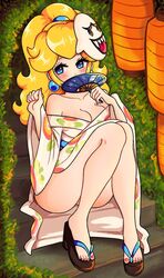 1girls bangs bare_legs blonde_hair blue_eyes blush boo_(mario) breasts cleavage earrings fan fire_flower floral_print fully_clothed hi_res high_ponytail japanese_clothes jewelry knee_up mario_(series) mask nail_polish nintendo no_panties okobo paper_lantern princess_peach sandals sitting solo super_mario_odyssey uchiwa video_games yukata