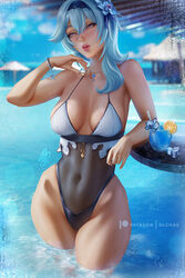 1girls arm_on_table artist_signature blue_hair breasts cleavage daytime drink eula_(genshin_impact) female female_only flower_in_hair genshin_impact ice_cube in_pool medium_breasts olchas one-piece_swimsuit patreon_username purple_eyes solo swimsuit thick_thighs video_game_character wide_hips