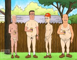 4boys balls baseball_cap beer_can bill_dauterive blonde_hair boomhauer brown_hair chest_hair cigarette circumcised crooked_teeth_(artist) dale_gribble flaccid footwear foreskin glans glasses hank_hill hat holding_penis king_of_the_hill male male_only moobs naked_with_shoes_on nipples on_model overweight overweight_male partially_retracted_foreskin penis penis_size_difference pubic_hair public_nudity retracted_foreskin shoes slightly_chubby socks_and_shoes standing sunglasses tanline tanlines tight_foreskin uncut wooden_fence