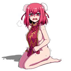 crying double_bun female formicid hair_bun kasen_ibaraki large_breasts naked_tabard pink_eyes pink_hair seiza sitting tabard tagme touhou trembling