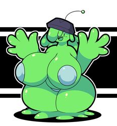 alien big_breasts covered_nipples dewbber female green_eyes green_skin green_slime hair_over_one_eye hands-free mob_face simple_background slime smile solo ufo |_|