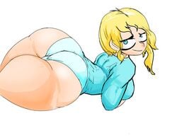 1girls adomo ass atomboi_(artist) big_ass big_breasts big_butt blonde_hair blue_eyes blue_panties blue_shirt breasts emilia_(atomboi) hands_on_breasts huge_ass huge_butt laying laying_down looking_at_viewer oc original_character panties thick_ass thick_thighs thighs tight_clothing