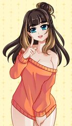 1girls adorable blue_eyes brown_hair crush_crush cute female female_focus female_only naked_sweater partially_clothed peanut_(crush_crush) sad_panda_studios sweater two_tone_hair