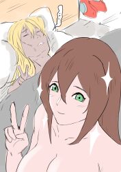 1boy 1girls after_sex bed bedroom big_breasts brown_hair female femdom green_eyes guy_tired_after_sex_(meme) iris_(mega_man) laying_down long_hair male mega_man mega_man_x nude_female nude_male peace_sign smile tk zero_(mega_man)