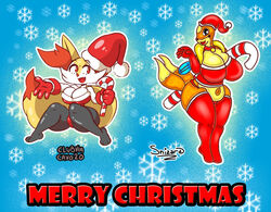 anthro big_breasts braixen breasts christmas christmas_clothing clothing clubviacavo curvy_figure duo female floatzel holidays nintendo pokémon_(species) pokemon pokemon_(species) pokemorph slightly_chubby snizard video_games wide_hips