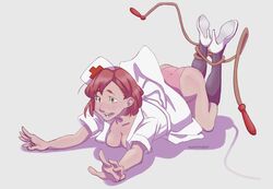 1girls accidental_exposure bob_cut clothed clumsy falling green_eyes nurse nurse_cap nurse_uniform red_hair revealing_clothes socks solo suominator