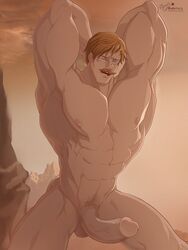 abs balls bara biceps bidbrock big_penis blue_eyes desert desire_face drooling eight_pack escanor ginger hand_on_head male_only moustache muscular_male nanatsu_no_taizai nipples pubic_hair saliva solo solo_male tan_skin triceps