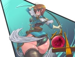 ass blush brown_hair female green_eyes huge_ass looking_back mon-musu_quest! mon-musu_quest:_paradox monster_girl_quest official_art short_hair smooth_skin sonya_(mon-musu_quest!) staff sweat thick_thighs thighs wide_hips xelvy