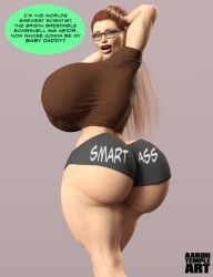 1girls 3d 3d_(artwork) aarontempleart ass ava_astor back_view backside big_lips bimbo blitzhero brown_hair bubble_ass bubble_butt busty commissioner:blitzhero commissioner_upload english_text female female_only glasses hands_behind_head huge_breasts lips looking_at_viewer looking_back low-angle_view miniskirt original_character ponytail pose posing round_butt short_shorts solo solo_female speech_bubble talking_to_viewer text voluptuous