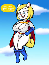 absurd_res animaniacs anthro big_breasts boots breasts cape cleavage cleavage_cutout clothed clothing cloud cosplay dc dialogue english_text female flying footwear gloves handwear hi_res mammal minerva_mink mink mustelid musteline power_girl solo someth1ngoranother superman_(series) text true_musteline warner_brothers