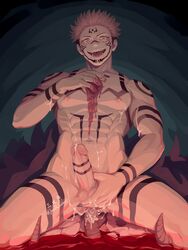 1boy abs blood blood_on_chest bodily_fluids cum cum_on_body face_markings genitals hand_on_penis joraffasalmon jujutsu_kaisen legs_apart looking_at_viewer male male_focus male_only nipples open_smile pecs penis penis_grab ryoumen_sukuna_(jujutsu_kaisen) smile solo solo_focus solo_male