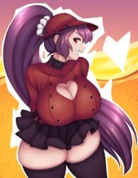 2019 absolute_territory aeshleigh big_ass breasts cakecatboy cakehoarder cap cleavage cleavage_cutout huge_breasts i_love_you_colonel_sanders kfc looking_at_viewer miniskirt ponytail purple_hair red_eyes skirt smiling stockings sweater thick_thighs tight_clothing voluptuous wide_hips