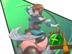 ass blush brown_hair female green_eyes huge_ass looking_back mon-musu_quest! mon-musu_quest:_paradox monster_girl_quest official_art short_hair smooth_skin sonya_(mon-musu_quest!) staff sweat thick_thighs thighs wide_hips xelvy