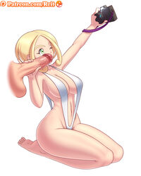 1girls barefoot blonde_hair breasts camera erection fellatio female female_focus green_eyes licking_penis navel nintendo patreon_username penis penis_grab pokemon pokemon_xy reit saliva selfie short_hair sideboob sling_bikini swimsuit viola_(pokemon) watermark white_background white_swimsuit