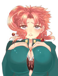 big_breasts bra bra_cups_sticking_out breasts_on_glass bursting_breasts earrings genderswap genderswap_(mtf) hands_on_breasts jojo's_bizarre_adventure lacy_bra large_breasts looking_at_viewer noriaki_kakyoin red_hair rule_63 single_female stardust_crusaders uniform visible_underwear