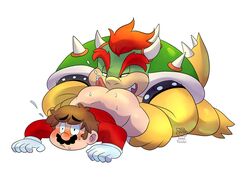 2boys anal anilingus anthro anthro_on_human ass ass_eating ass_up bara big_ass blush bowser brown_hair color digital_media_(artwork) face_down_ass_up gay gloves imminent_oral interspecies licking male_only mario mario_(series) moustache nintendo red_shirt rimjob rimming salad_pervert size_difference sweat yaoi