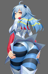 ass blue_hair blush breasts clothed female female_only from_behind grabbing_own_ass guts_seijin hair_ornament huge_ass legwear long_hair panties redauto seductive shiny_hair striped_legwear thick_thighs tight_clothing two_tone_hair ultra_kaijuu_gijinka_keikaku ultraman_(franchise) yellow_eyes