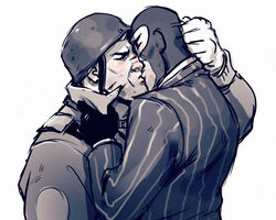 2boys balaclava cheating_boyfriend eyes_closed gay gloves helmet jacket kissing male/male male_only manly monochrome no_visible_genitalia scar_across_nose soldier soldier_(team_fortress_2) spy spy_(team_fortress_2) suit team_fortress_2 valve white_background yaoi